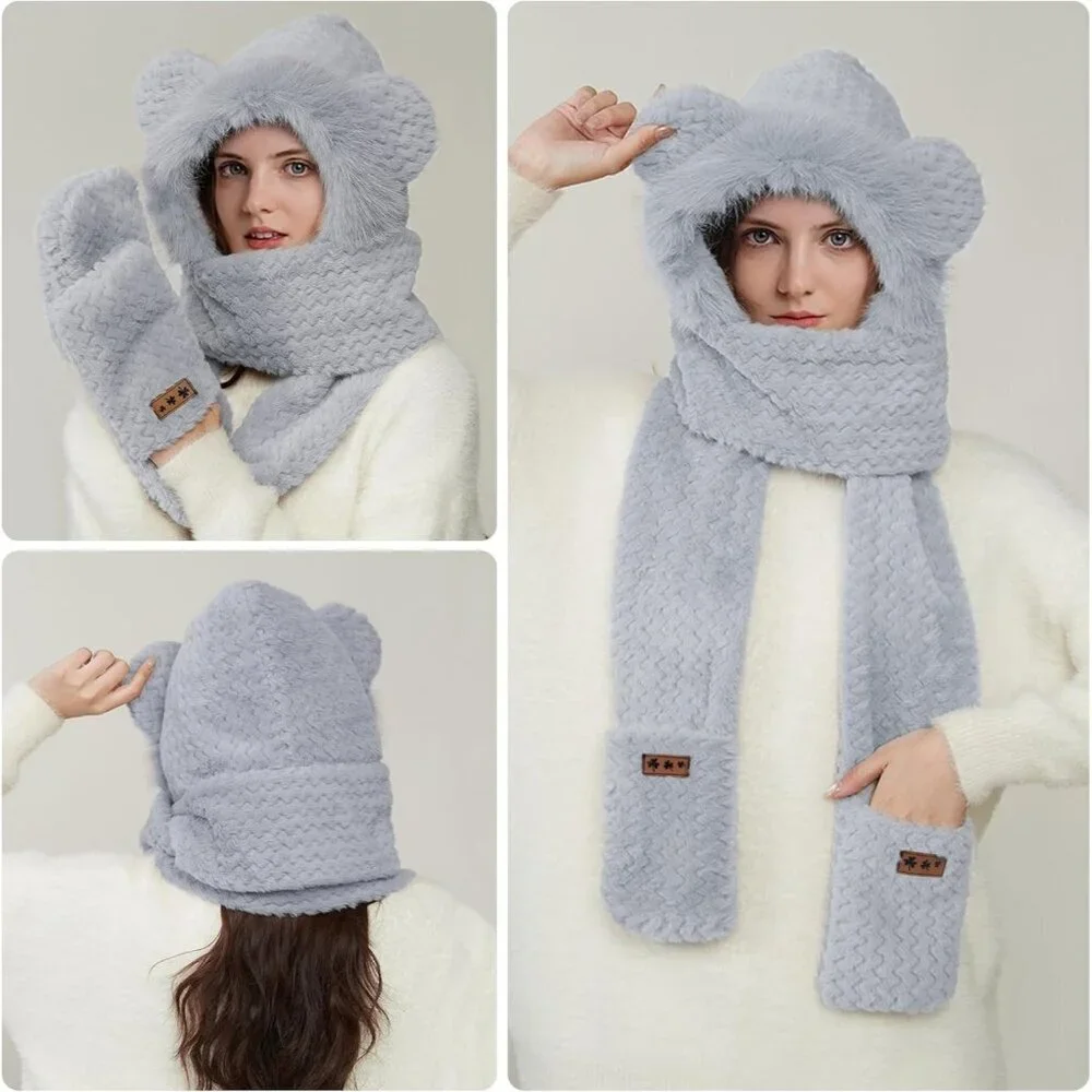 Women's Gray Hooded Scarf Cute Bear Ear Hat Faux Fur Gloves Set Soft